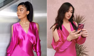 Mâu Thuỷ - Lương Thuỳ Linh 'đụng hàng' váy hồng cắt xẻ táo bạo khoe body gợi cảm