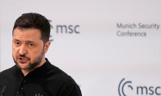 Tổng thống Ukraine Volodymir Zelensky phát biểu tại Hội nghị an ninh Munich ngày 15/2. (Ảnh: AP)