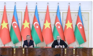 Tổng Bí thư Tô Lâm và Tổng thống Azerbaijan tại cuộc họp báo thông báo kết quả hội đàm. Ảnh: TTXVN