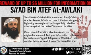Thông báo treo thưởng của Mỹ cho người báo tin về Saad bin Atef al-Awlaki. (Ảnh: AP)