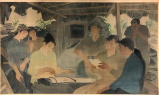 Bức tranh “Trong lán dân quân” của họa sĩ Nguyễn Văn Chung tại triển lãm “Còn mãi với thời gian”