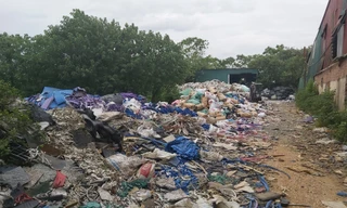 Vải vụn, cao su hay nhựa thải được chủ các nhà xưởng tập kết về làm chất đốt, nấu nước để nhuộm, hấp vải phía ngoài đê sông Đáy