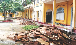 Trần phòng học mục nát vừa gỡ xuống. Ảnh: Sáu Nghệ