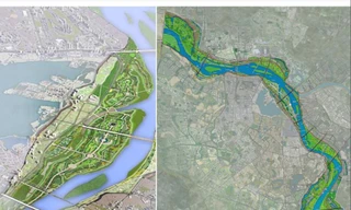 Bản vẽ minh họa định hướng phát triển không gian hai bên và bãi giữa sông Hồng.