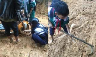 Xôn xao cảnh đường bùn nhão nhoét, học sinh vừa đi học vừa vác cuốc san đường