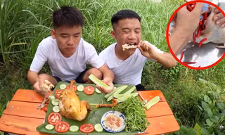 Sau khi bị phạt vì nấu cháo gà nguyên lông, Hưng Vlog lại gây tranh cãi với món gà mới