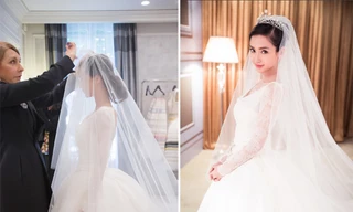 Kết hợp cùng chiếc váy cưới lộng lẫy là voan dài và vương miện kim cương được Huỳnh Hiểu Minh đặt trong một chuyến đi Châu Âu 