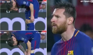 Hình ảnh Messi uống nhanh một viên thuốc glucose ở trận thắng Olympiacos.