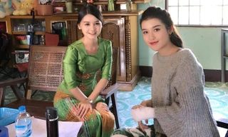 Huyền My rạng rỡ bên Hoa hậu Myanmar trên trường quay 