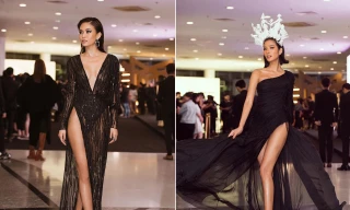 Á hậu Mâu Thuỷ diện váy xuyên thấu lộ nội y, xẻ cao đến hông 