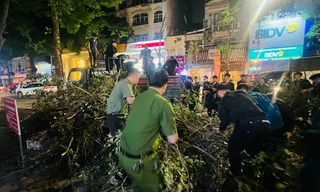 Cán bộ, chiến sĩ Công an Hà Nội xuyên đêm dọn dẹp đường phố sau bão số 3