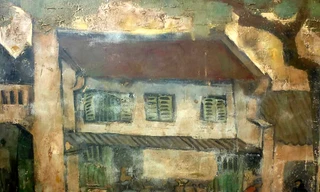 Tác phẩm: Quán Café Lâm, Họa sỹ: Bùi Xuân Phái, Sáng tác: 1963, chất liệu: Sơn dầu