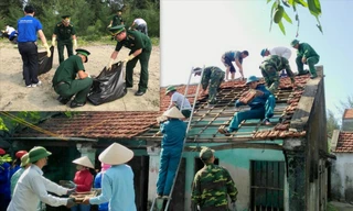 Cán bộ, chiến sĩ Đồn Biên phòng Trà Cổ tham gia chiến dịch “Hãy làm sạch biển” (ảnh nhỏ) và dỡ bỏ căn nhà cũ của ông Nguyễn Văn Dàu để xây dựng nhà mới Ảnh: CTV