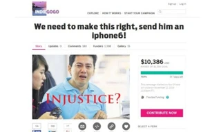 Ảnh chụp màn hình mẫu tin kêu gọi quyên góp tiền cho Phạm Văn Thoại (người bật khóc trong ảnh) từ trang Indiegogo 