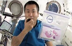 Du hành gia Wakata và túi đựng hạt đào trên ISS. 