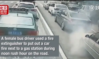 Nữ tài xế bình tĩnh xử lý chiếc ô tô bốc cháy cạnh trạm xăng
