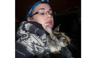 Woodfin bế con thỏ vằn hiếm. Ảnh: IB Times