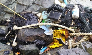 Dầu vón cục và rác bất thường xuất hiện tại bãi biển huyện Núi Thành, Quảng Nam.