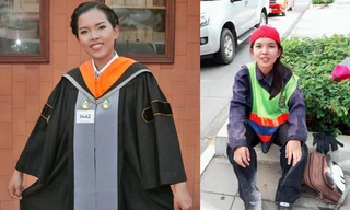 Suwanan chia sẻ bức ảnh một bên mặc đồ cử nhân, một bên mặc đồ công nhân vệ sinh đường phố. Ảnh: News18.