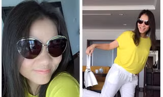 Thu Minh đi dép bệt ăn mặc thoải mái trước khi ra đường. 