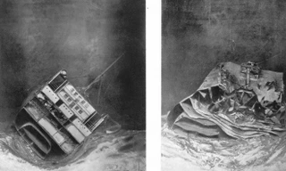 Minh họa cho thấy tàu Laurentic khi các thợ lặn tìm thấy lần đầu (trái) và tình trạng xác con tàu sau cơn bão. Ảnh: Đại học Cambridge