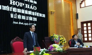 Ông Phạm Quang Ngọc, Trưởng ban Tuyên giáo Tỉnh uỷ Ninh Bình tại cuộc họp báo. Ảnh: M.Đ