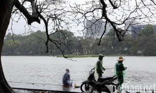 Mưa rét buốt ở Hà Nội, cần thủ vẫn dầm mình ở hồ Gươm