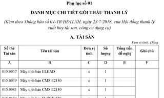Thông báo bán đấu giá thanh lý tài sản, công cụ dụng cụ hỏng