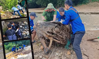 Đoàn viên thanh niên hăng hái tham gia làm sạch, khơi thông dòng chảy sông