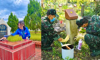 Đoàn viên thanh niên tham gia chỉnh trang nơi an nghỉ của các anh hùng liệt sĩ