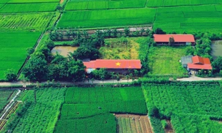 Lá cờ đỏ sao vàng rực rỡ trên mái nhà