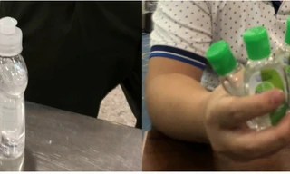 Chai nước rửa tay khô của hành khách mang theo bị An ninh sân bay Nội Bài yêu cầu để lại (trái) và những chai nước rửa tay của hành khách khác qua được vòng an ninh (phải). Ảnh: PLVN.