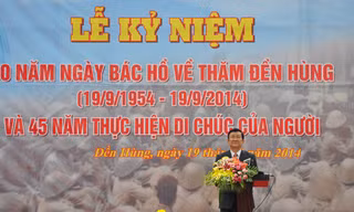 Chủ tịch nước Trương Tấn Sang phát biểu tại Lễ kỷ niệm 60 năm ngày Bác Hồ về thăm Đền Hùng (Phú Thọ) và 45 năm thực hiện Di chúc của Người.