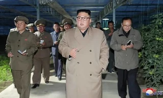 Ông Kim Jong Un đi thăm một nhà kính trồng rau ở Kyongsong. (ảnh: KNCA)