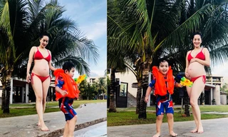 Bà bầu tháng 8 Khánh Thy khoe ảnh bikini quyến rũ bên chồng con