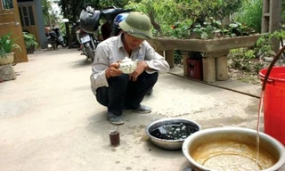 Nước giếng khoan đổi màu khi cho một chút nước chè xanh vào. Ảnh: N.Văn 