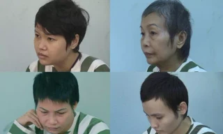 Từ trái qua phải, trên xuống dưới: Các nghi phạm Hà, Hoa (mẹ Hà), Huyên và Thảo 