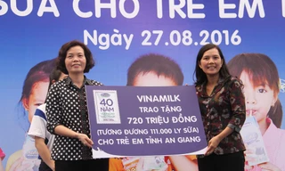 Bà Bùi Thị Hương (trái) đại diện Vinamilk trao 111.000 ly sữa cho trẻ em An Giang