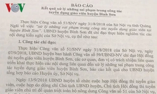 Báo cáo của UBND huyện Bình Sơn về kết quả xử lý những cá nhân liên quan đến sai phạm trong kỳ thi tuyển giáo viên 2017-2018. 