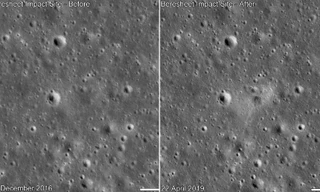 Địa điểm hạ cánh trước (trái) và sau khi hạ cánh. Hình bên phải cho thấy dấu hiệu con tàu gặp nạn sau khi hạ cánh