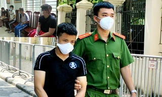 Lê Minh Khánh (ảnh lớn) và đồng bọn (ảnh nhỏ) tại cơ quan công an