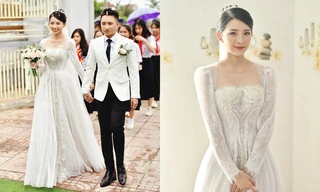 Cận cảnh bộ váy cưới đính 10.000 viên pha lê ánh bạc của vợ nhạc sĩ Phan Mạnh Quỳnh