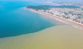 Du khách thích thú với hiện tượng nước biển Sầm Sơn chia thành 2 màu đối lập