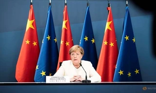 Thủ tướng Đức Angela Merkel trong hội nghị trực tuyến với Chủ tịch Trung Quốc Tập Cận Bình và các lãnh đạo EU ngày 14/9. (Ảnh: Reuters)