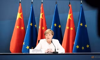 Thủ tướng Đức Angela Merkel trong hội nghị trực tuyến với Chủ tịch Trung Quốc Tập Cận Bình và các lãnh đạo EU ngày 14/9. (Ảnh: Reuters)