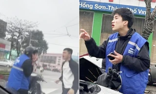 Công an làm việc với người hành hung nam sinh mặc áo shipper 