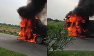 Xe tải cháy ngùn ngụt trên quốc lộ 21B Hà Nam