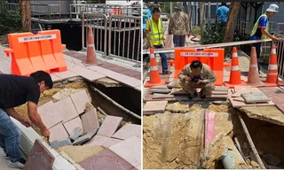 Video khoảnh khắc sập vỉa hè ở Bangkok khiến hai người đi bộ bị sụp hố