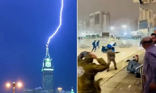Video sét đánh thẳng xuống Tháp Đồng hồ nổi tiếng ở Thánh địa Mecca giữa giông bão dữ dội