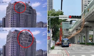 Khoảnh khắc cần cẩu rơi từ nóc nhà 30 tầng xuống đoàn tàu đang chạy ở Đài Loan